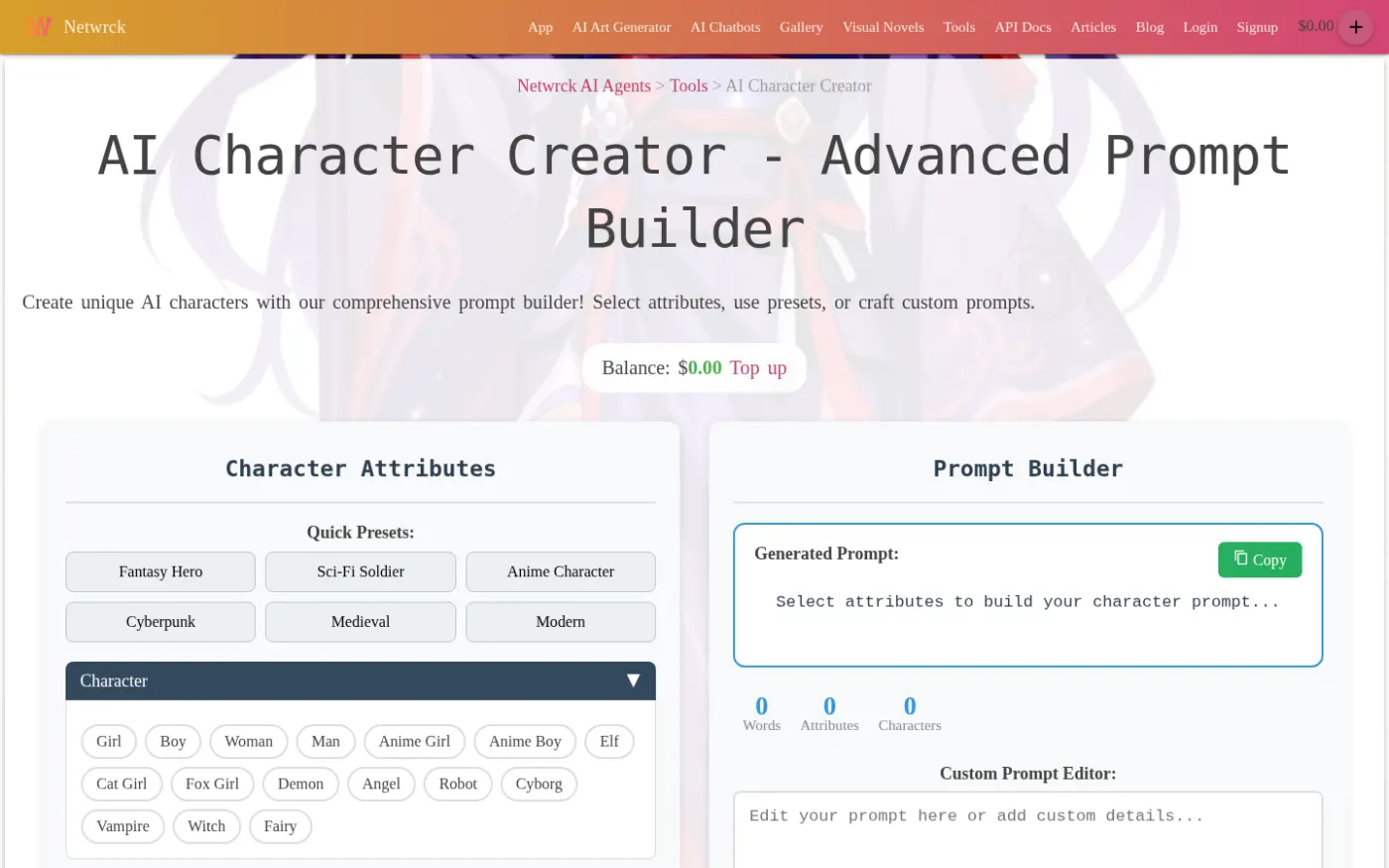 Netwrck AI Character Creator: presets and tags compile into a prompt, then you generate.