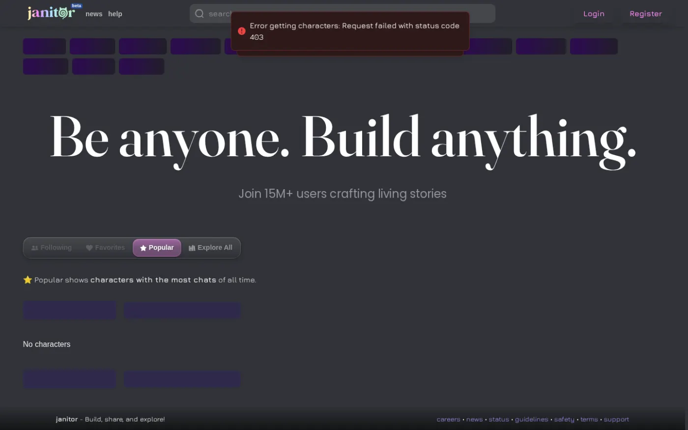 Janitor AI public homepage, Aug 2026 (catalog 403 without a session).