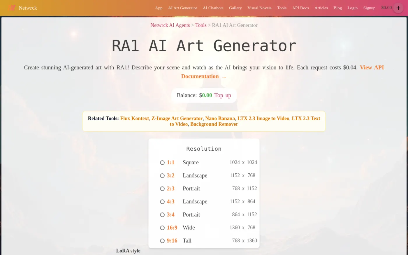 Netwrck RA1 art generator UI. Comparison stills in this post were generated here.