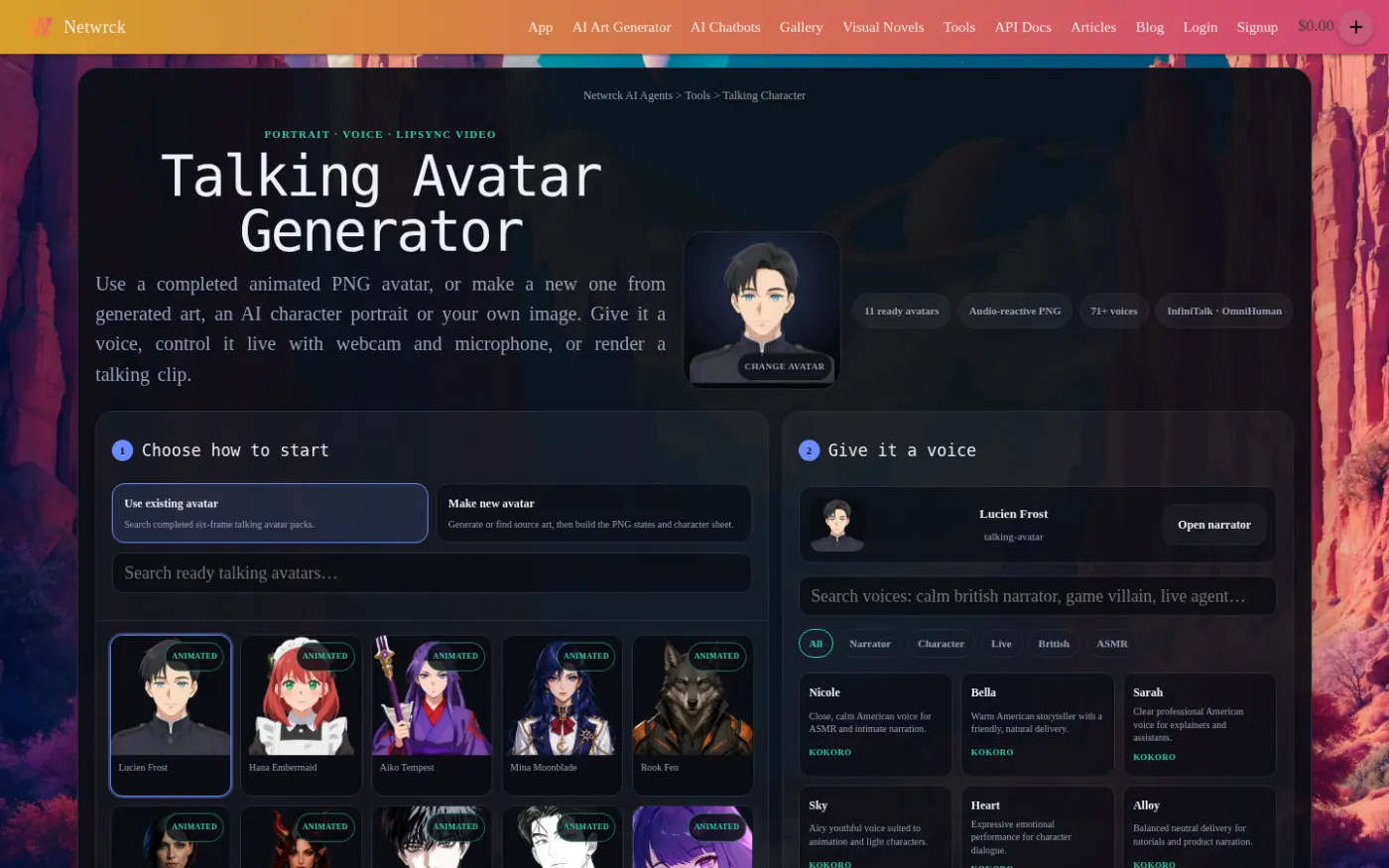 Talking Character: portrait + voice + lipsync backends.
